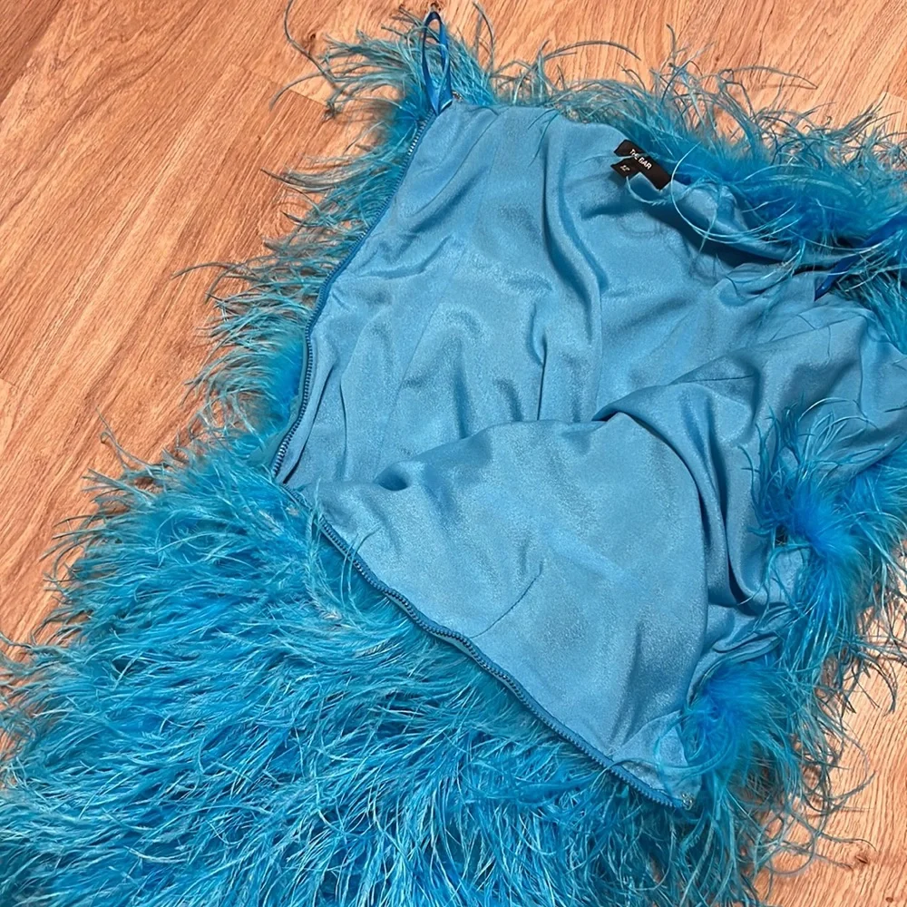 The Bar One Shoulder Ostrich Feather Andre Dress in Turquoise - Picture 10 of 12